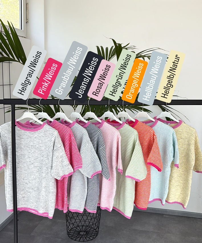 leni pepunkt _ Kurzarm Strickpulli Streifen_pink Bund Teaser 1