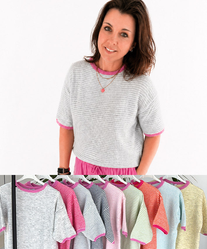 leni pepunkt _ Kurzarm Strickpulli Streifen_pink Bund Teaser 6