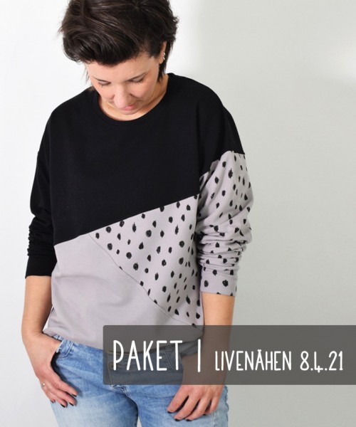 Nähpaket KNOTENsweater ohne Knoten | LIVEnähen 8. April | schwarz - kids dots grau - grau