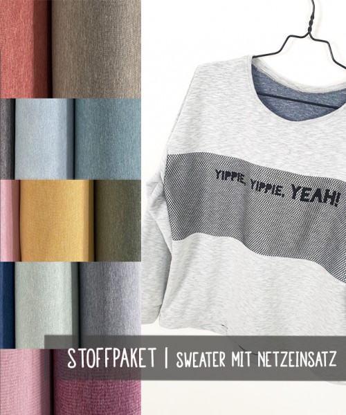 Materialpaket | Sweater mit Netzeinsatz im VT | Sweat | Melange | 15 Farben