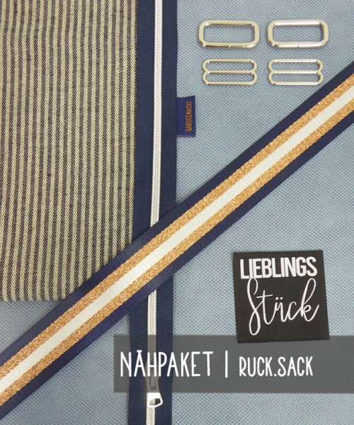 Nähpaket RUCK.sack | KL Noppen Blau | RV navy| Gurt Glitzer Navy/Gold/Weiß | NP522