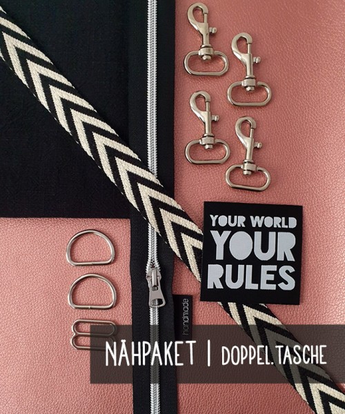 Nähpaket DOPPEL.tasche | Kunstleder Metallic Rosa | Gurt s/w ARROWS | NP-5002